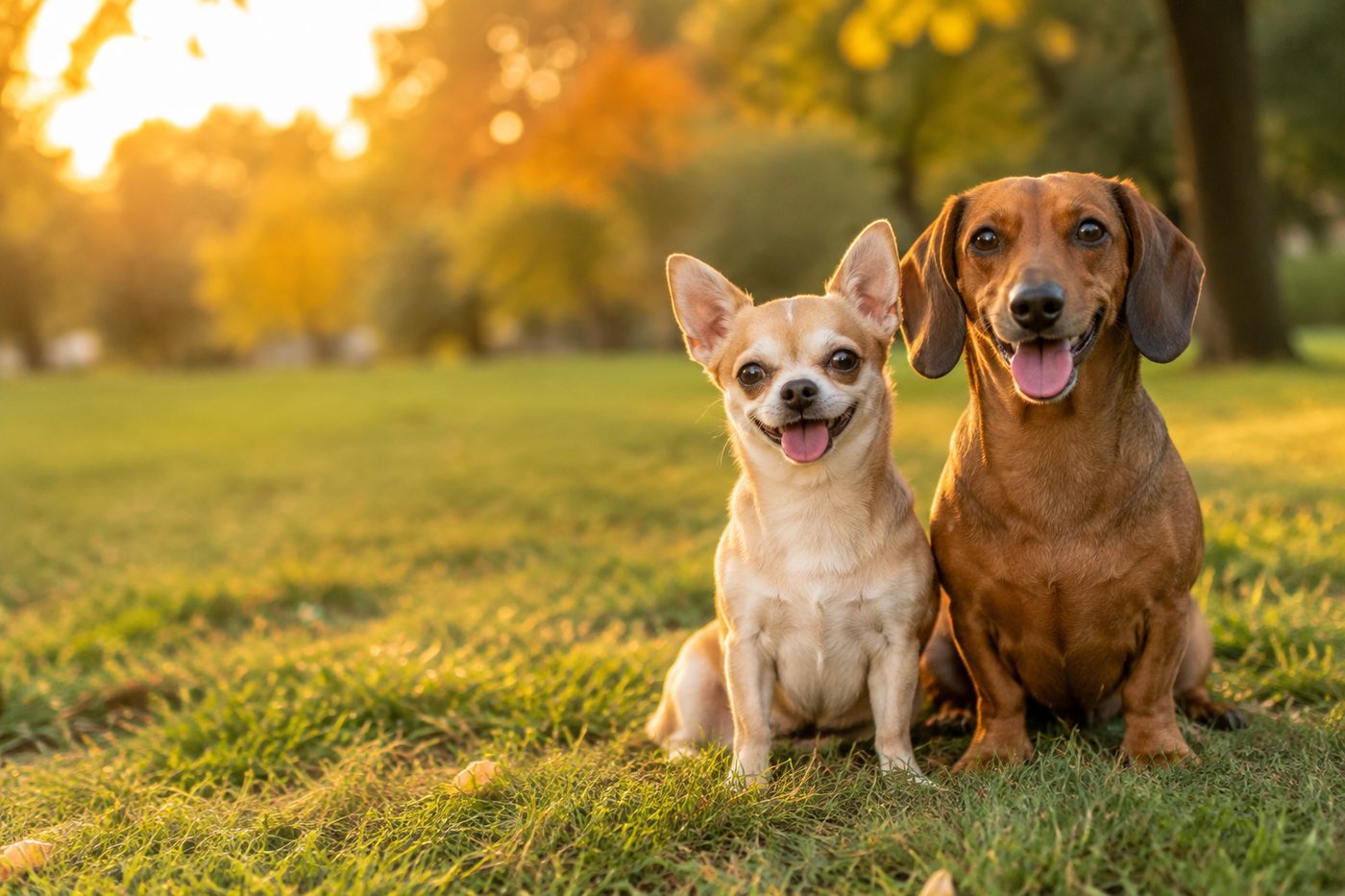 Dos perros pequeños sentados en un parque al atardecer